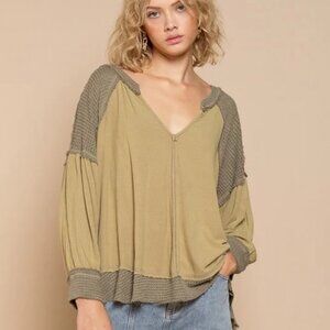 POL Olive and Taupe Long Sleeve Top